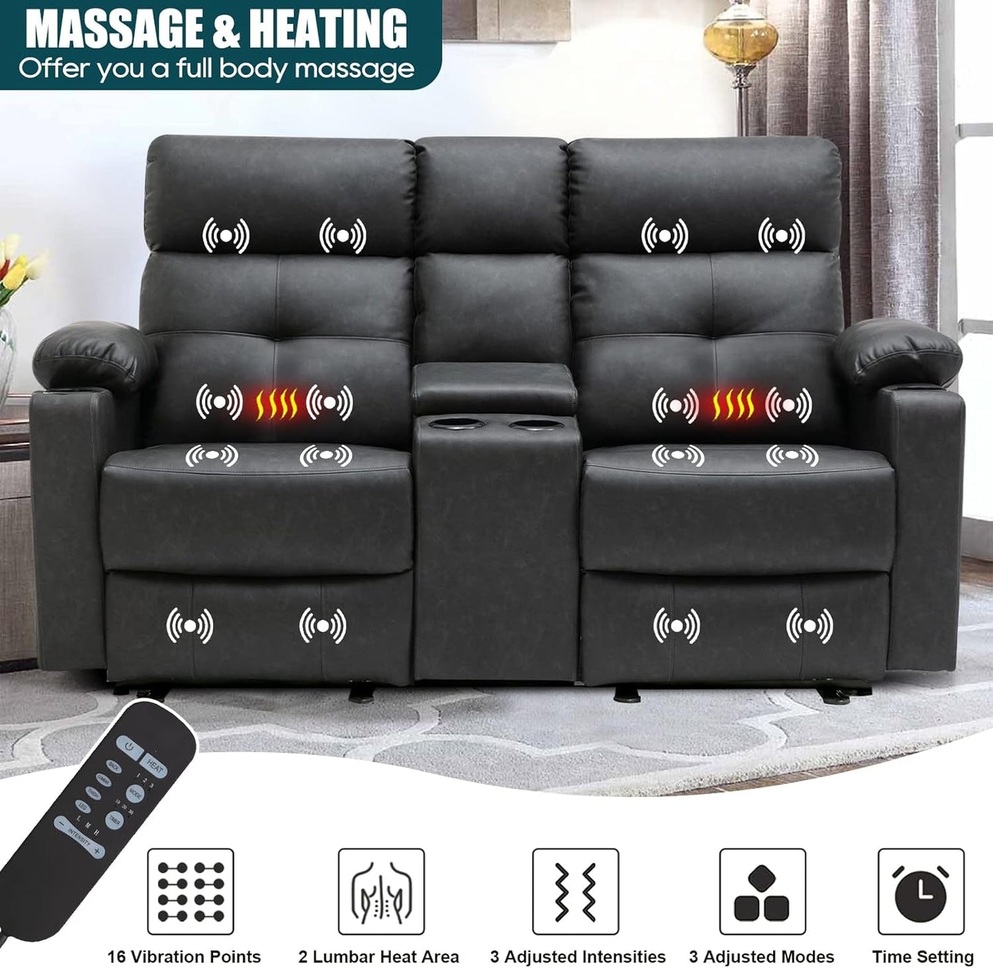 Power Recliner Sofa Set, 2 Pieces Recliner Furniture Sofa Set, Power Reclining Loveseat with Massage and Heat, Loveseat Recliner Sofa with Center Console & Cup Houlders for Living Room-2