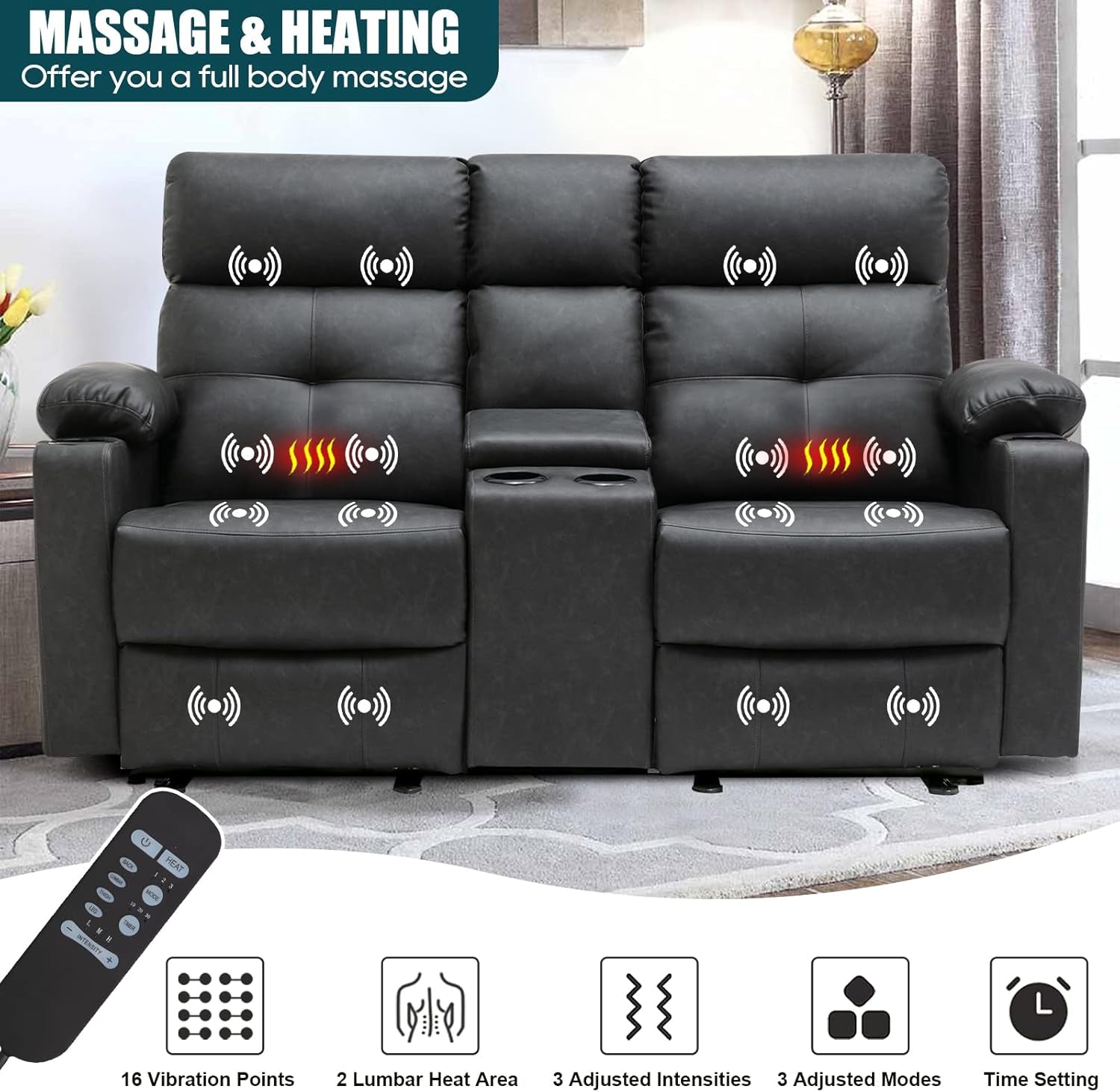 Power Recliner Sofa Set, 2 Pieces Recliner Furniture Sofa Set, Power Reclining Loveseat with Massage and Heat, Loveseat Recliner Sofa with Center Console & Cup Houlders for Living Room-2