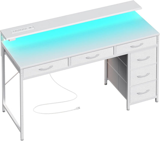 Gaming Desk with 6 Drawers, Computer Desk with LED Lights Power Outlets and Type-C, 47 Inch Office Desk with Storage, Monitor Stand, Writing Desk Work Desk Home Office, Bedroom, Study, White-0