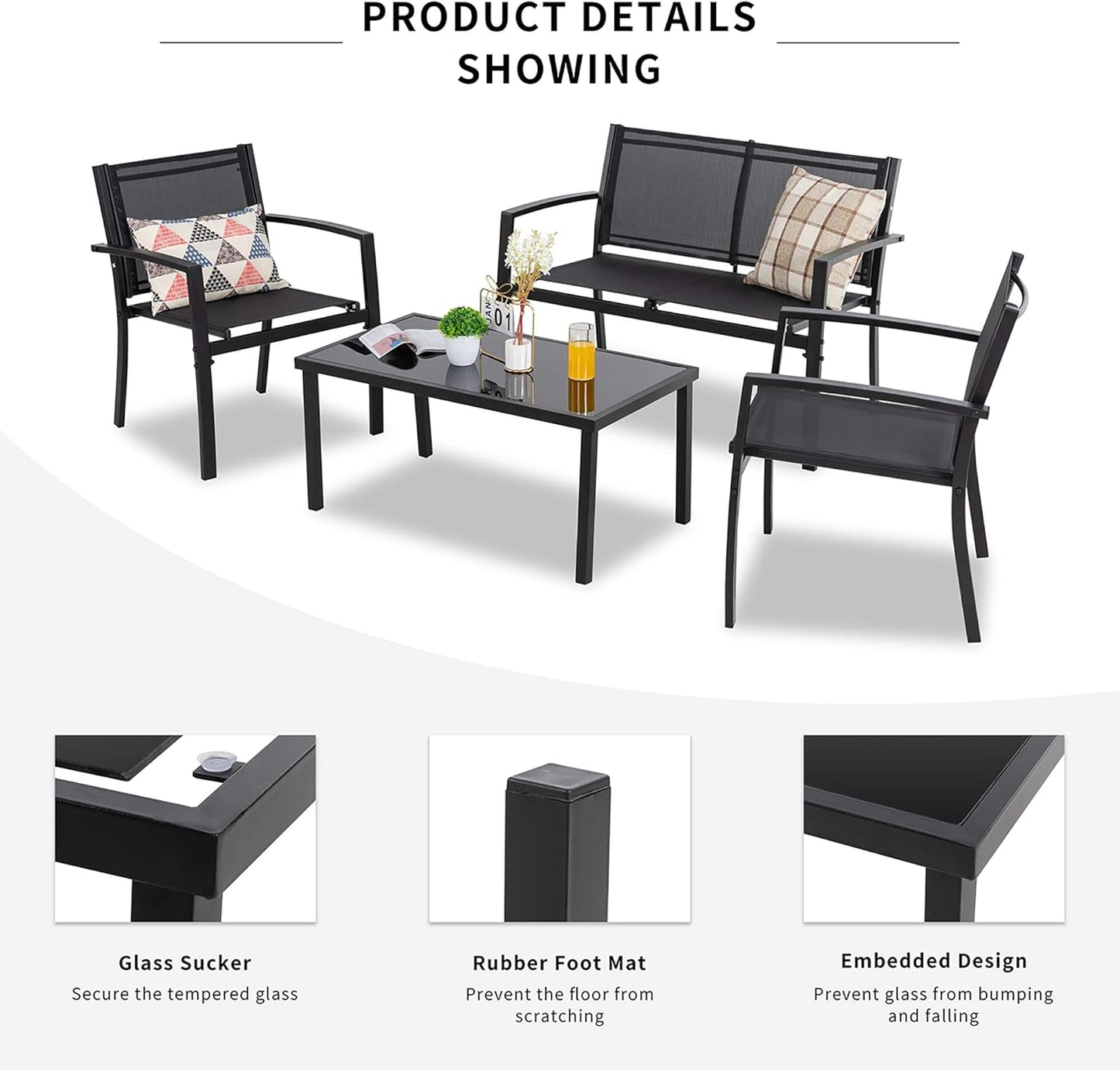 4 Pieces Patio Furniture Set All Weather Textile Fabric Outdoor Conversation Set, with Glass Coffee Table, Loveseat, 2 Single Chairs for Home, Garden, Lawn, Porch（Black）-3