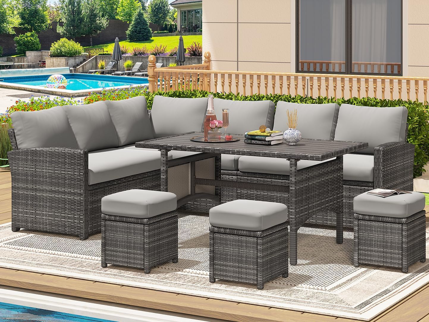7 Pieces Patio Furniture Set, Outdoor Sectional Sofa Conversation Set, All Weather Wicker Rattan Dining Table & Chair with Ottoman, Grey Rattan&Grey Cushion-0
