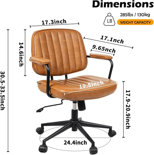 Mid Century Desk Chair Leather Office Chair Brown Office Desk Chair Home Office Chair with Wheels and Arms-1