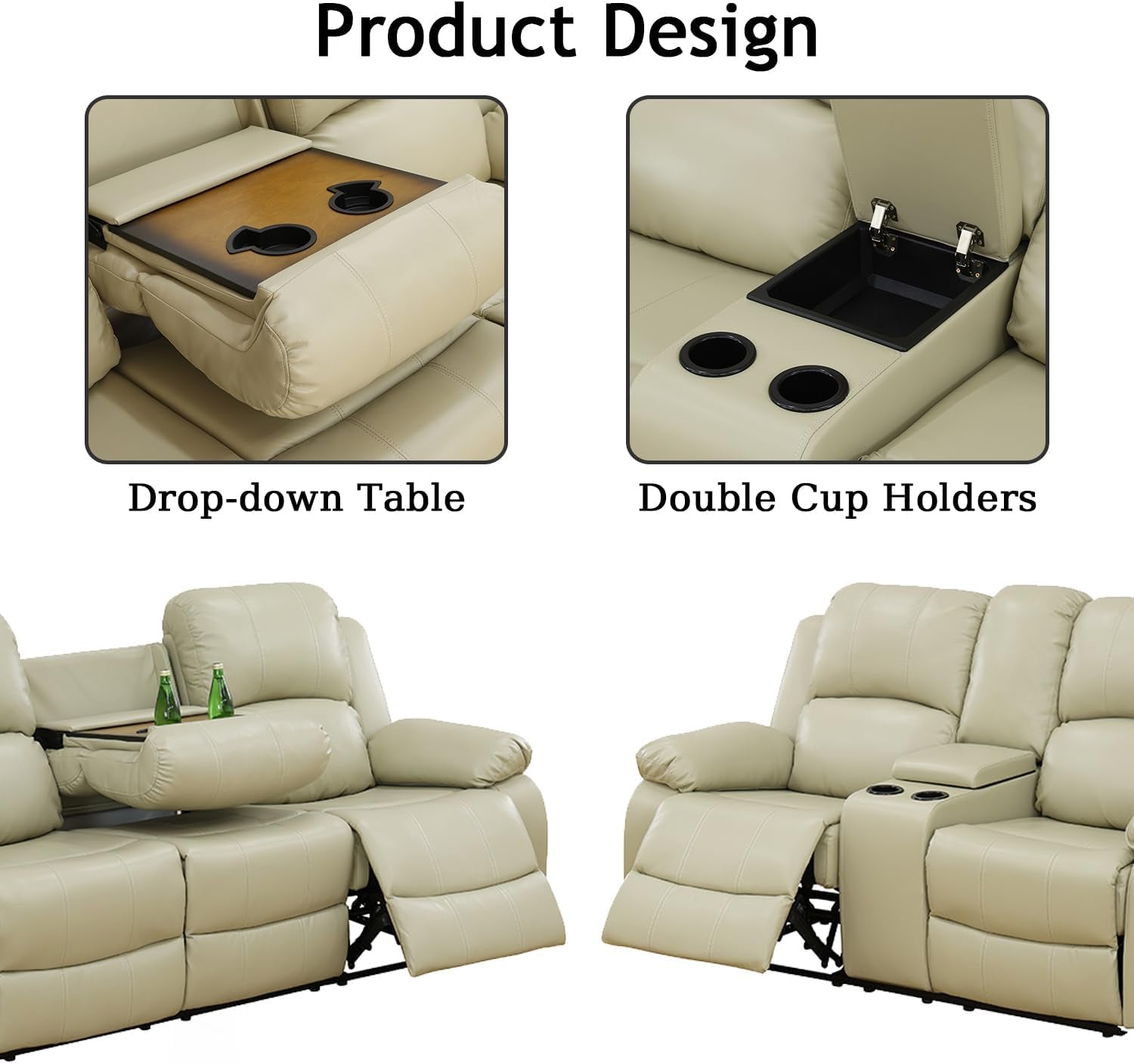 Leather Recliner Sofa Set，Leather Reclining Sofa Set for Living Room Furniture Sets，Beige Recliner Couch Set for Living Room/Office/Theater Seating(Sofa Set 3 Pieces)-2