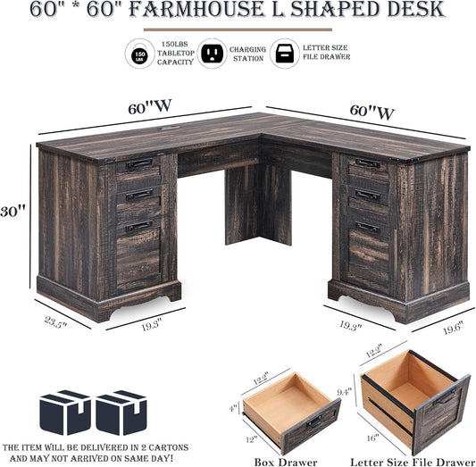 60" Farmhouse L Shaped Executive Desk with Drawers, Wood Home Office Corner Desk with Charging Station, File Drawer, Storage Cabinet, Rustic Computer Writing Desk (Dark Rustic Oak)-1