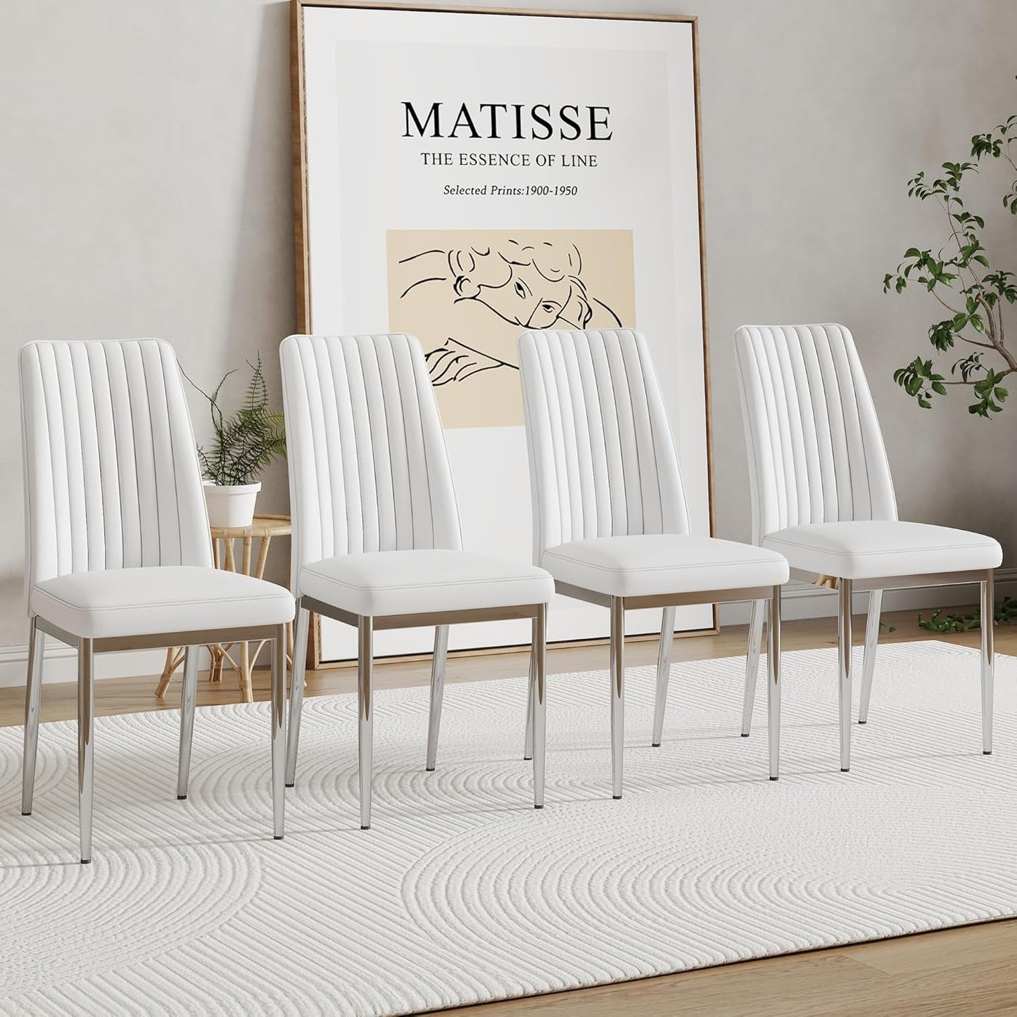 White Leather Chair, Modern Dining Chair Set of 4 with PU Leather and Chrome Leg, Sillas De Comedor with High Back for Dining Room, Kitchen, Living Room (WH-4)-0