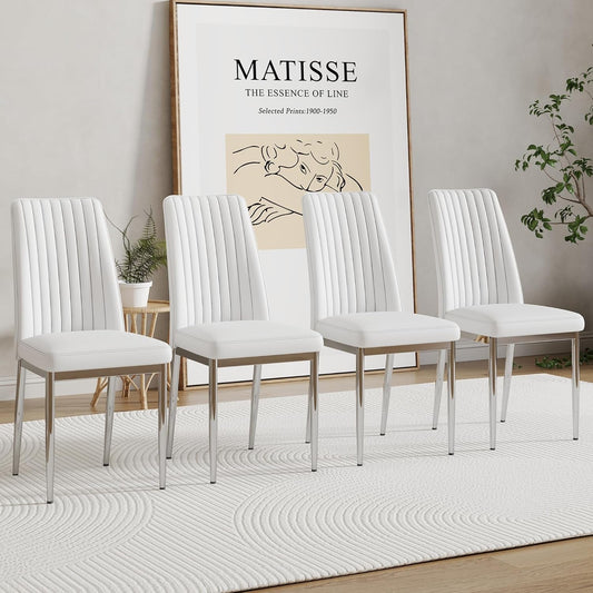 White Leather Chair, Modern Dining Chair Set of 4 with PU Leather and Chrome Leg, Sillas De Comedor with High Back for Dining Room, Kitchen, Living Room (WH-4)-0
