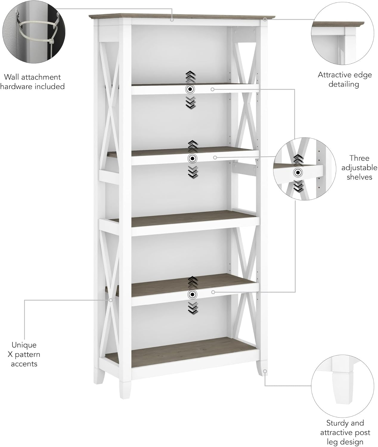 Bush Furniture BSH24470221 Key West 5-Shelf 66-Inch H Bookcase, Shiplap Gray/Pure White-4