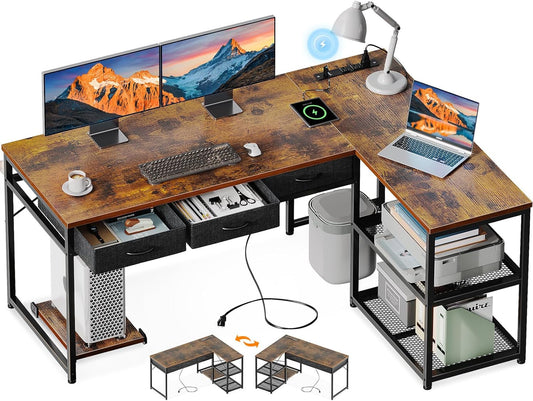 53 Inch L Shaped Computer Desk with Drawers, Corner Desk with Power Outlets & Reversible Storage Shelves, Movable CPU Stand for Home Office Gaming, Vintage-0