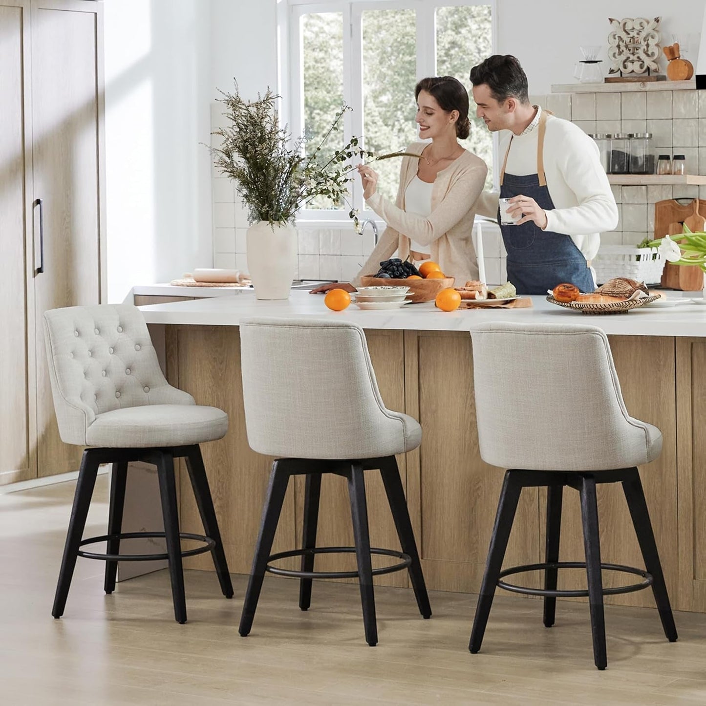 Modern Swivel Bar Stools, Performance Fabric Upholstered Counter Height Bar Stool with Back, Solid Wood Legs, 26" H Seat, Set of 2, Flint Grey-1