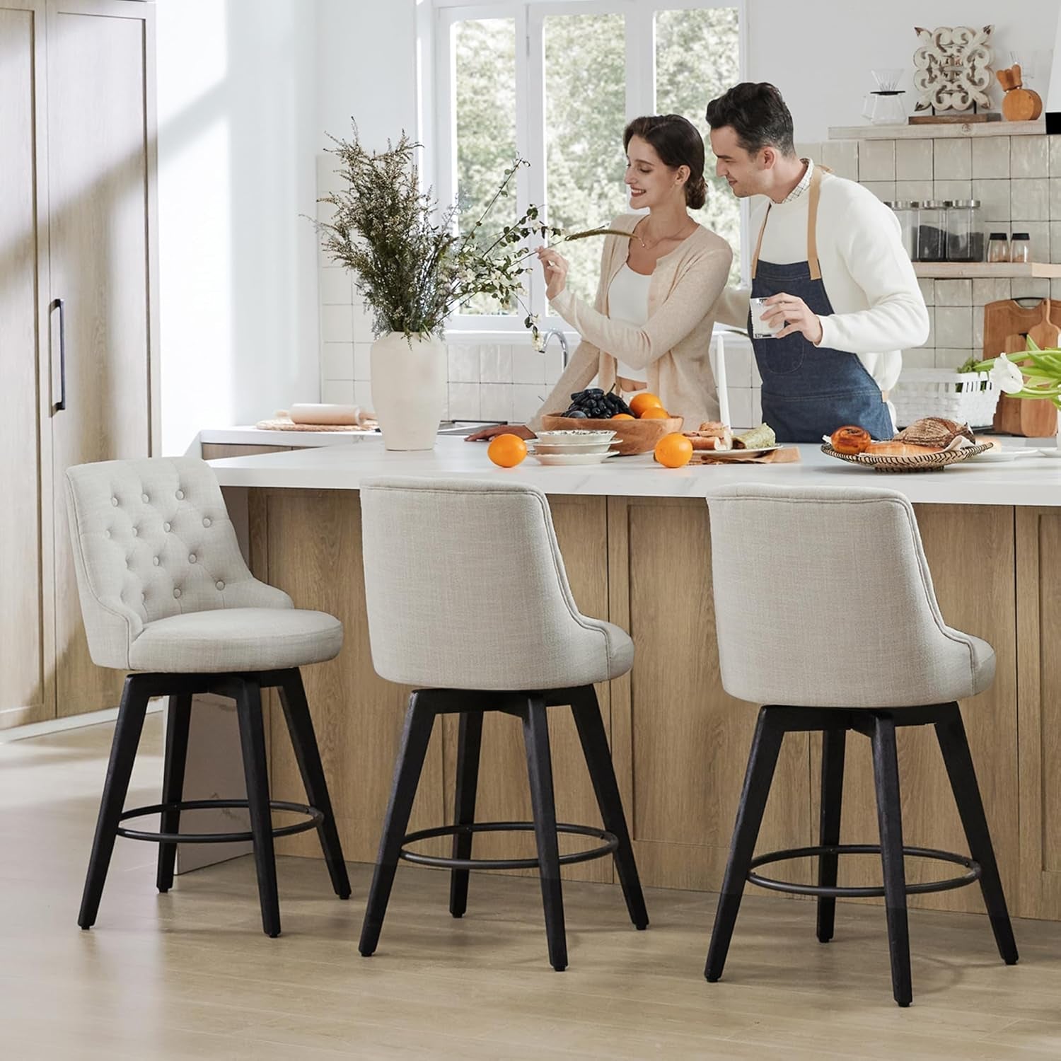 Modern Swivel Bar Stools, Performance Fabric Upholstered Counter Height Bar Stool with Back, Solid Wood Legs, 26" H Seat, Set of 2, Flint Grey-1