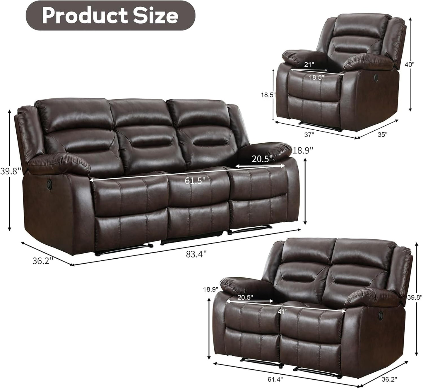 Faux Leather Power Recliner Sofa Set, Electric Recliner Chair, Loveseat Reclining Sofa and 3 Seat Recliner Sofa, Couch Set for Living Room, Bedroom Furniture, Meeting Room, Brown-1