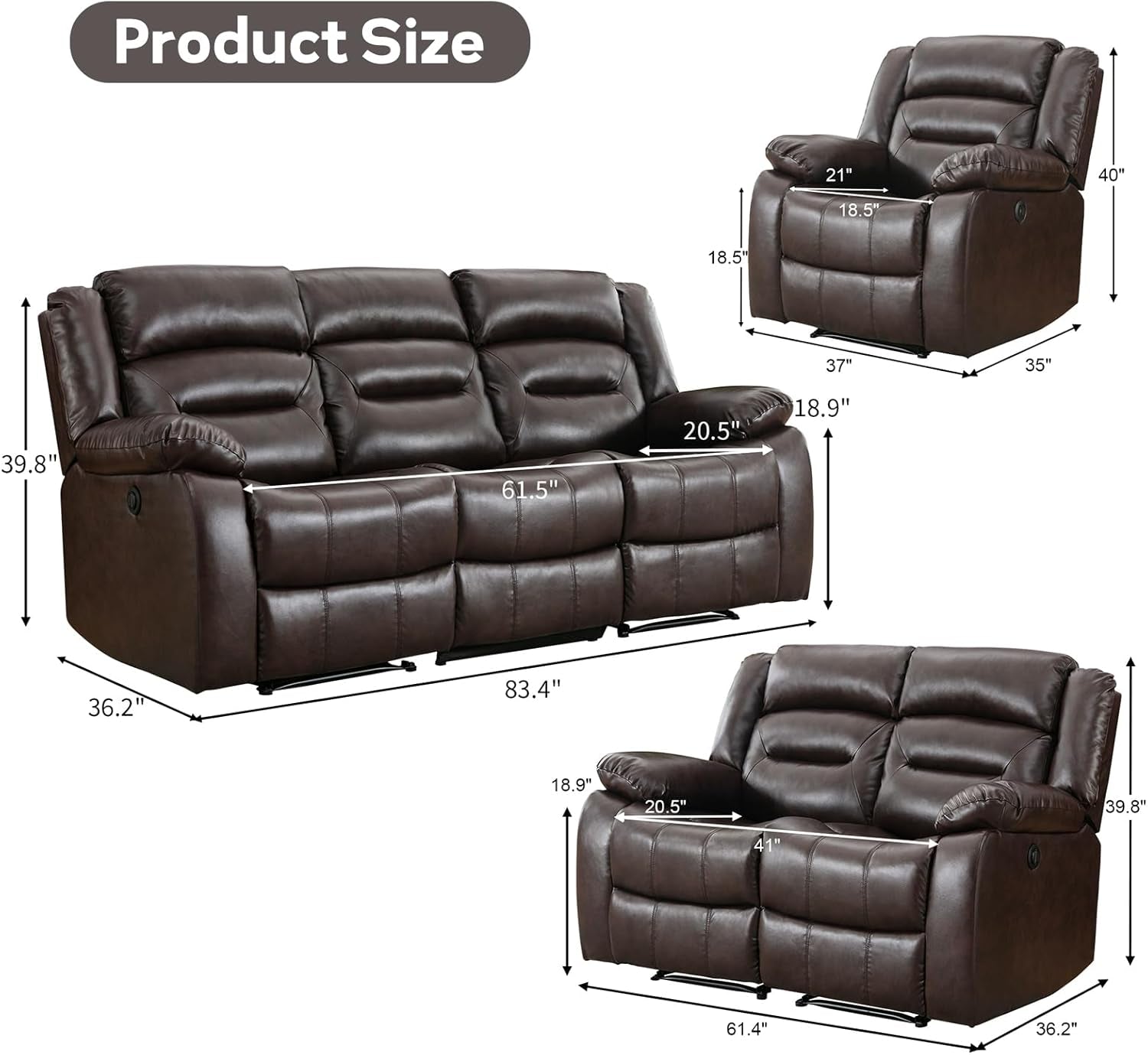 Faux Leather Power Recliner Sofa Set, Electric Recliner Chair, Loveseat Reclining Sofa and 3 Seat Recliner Sofa, Couch Set for Living Room, Bedroom Furniture, Meeting Room, Brown-1