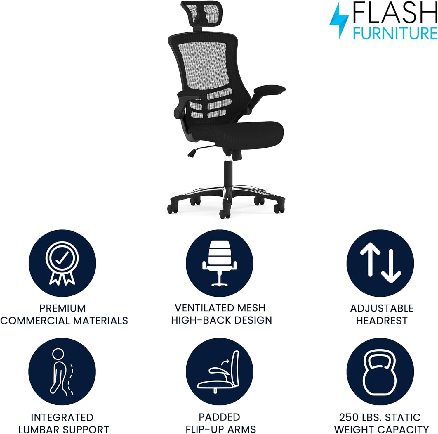 Kelista High-Back Swivel Office Chair with Adjustable Lumbar Support and Seat Height, Ergonomic Mesh Desk Chair, Black-3