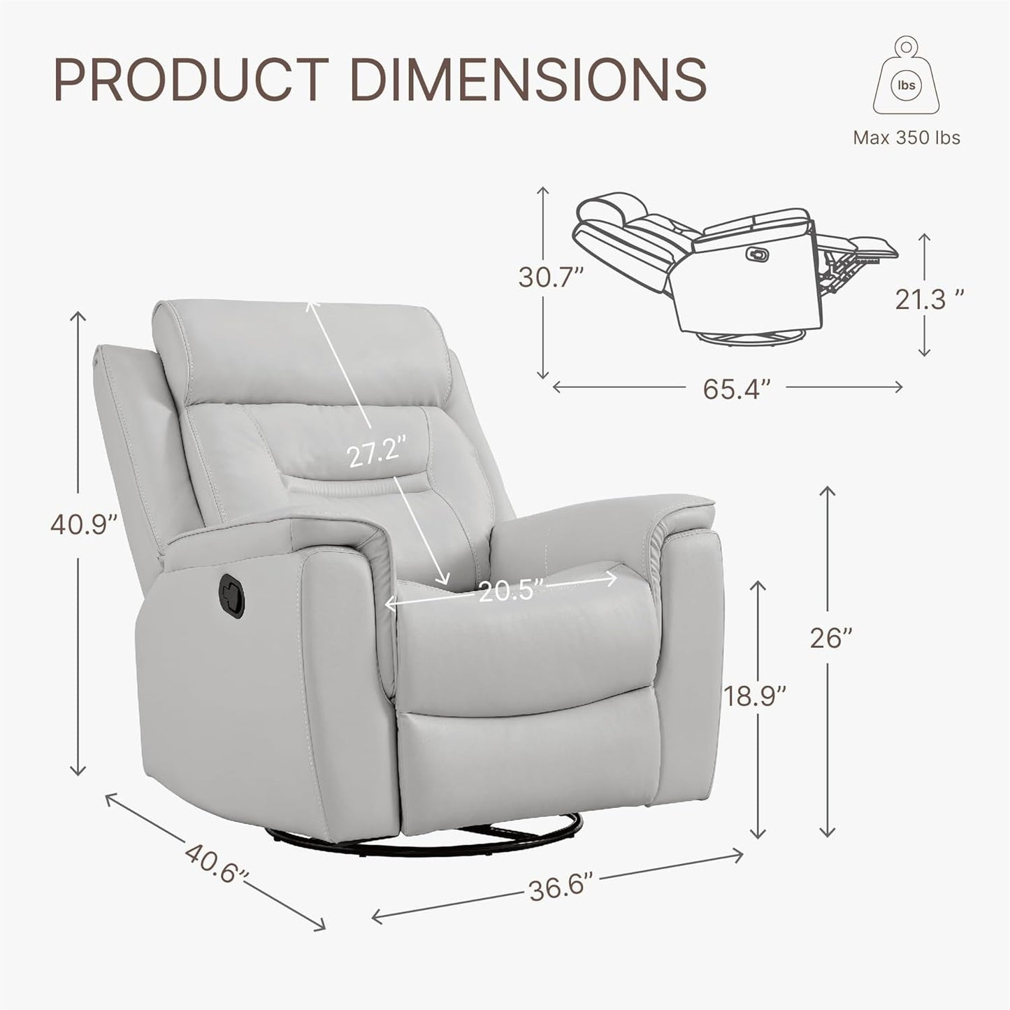 Leather Recliner Chair Faux Swivel Rocker for Adults Manual Sofa for Living Room Bedroom Home Theater Seating,Light Grey-2
