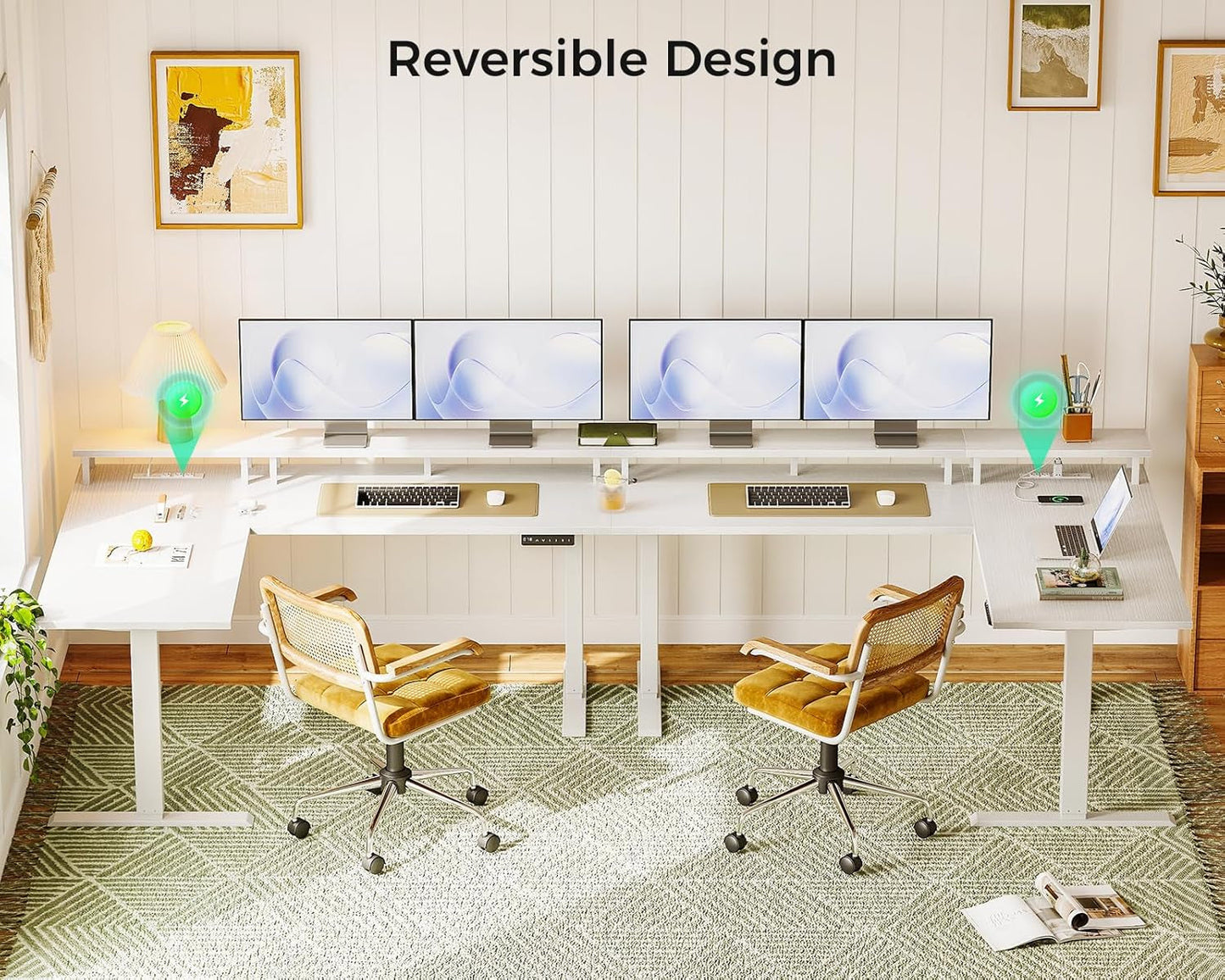 Electric L-Shaped Standing Desk, 59 Inch Height Adjustable Office Desk with Monitor Stand, Sit-Stand Desk with Power Outlets, Large Lift Table for Home, Office, Workstation, White-1