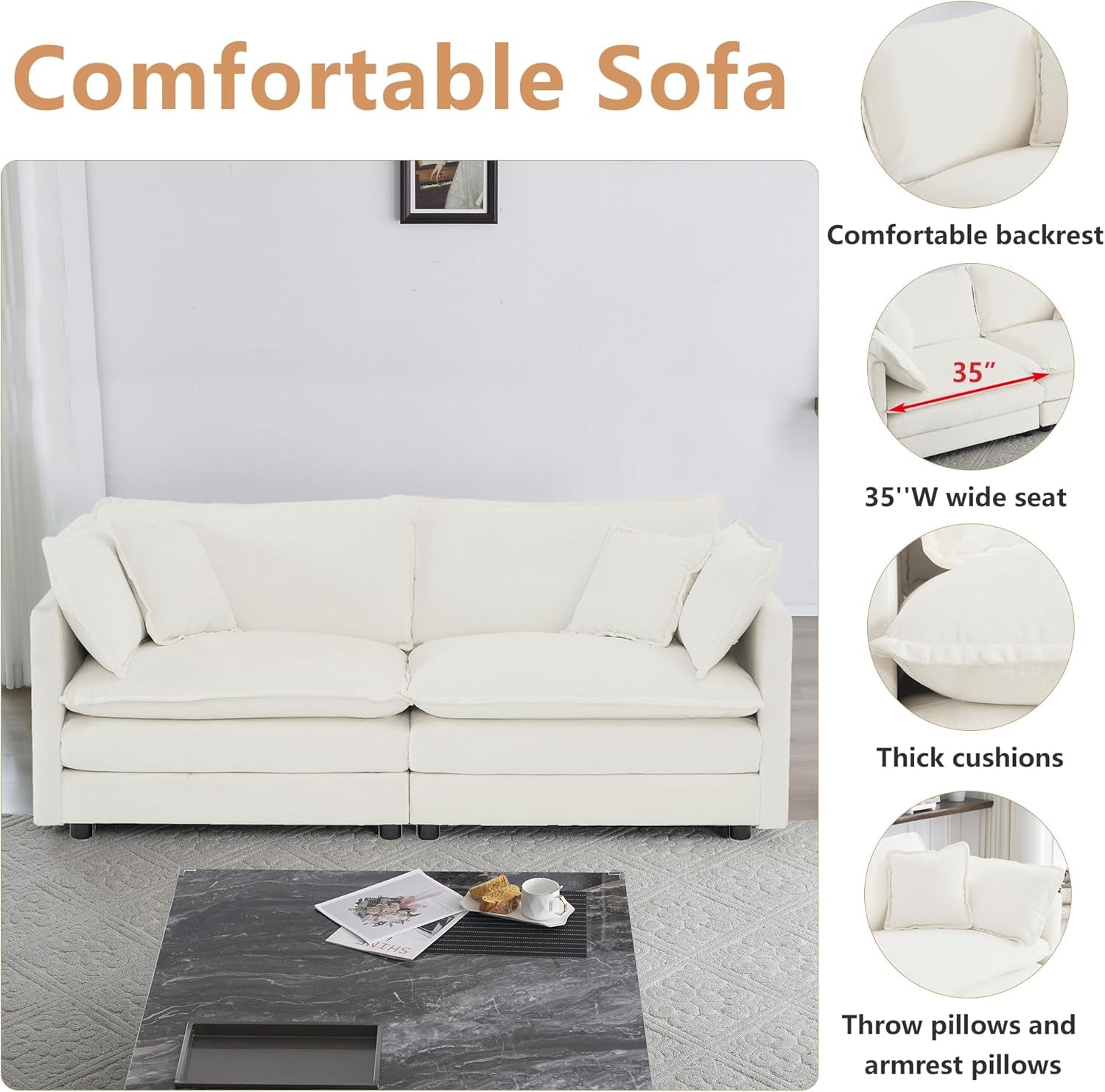 Luxury 2 Piece Loveseat Couch & Sofa Armchair Set, Modern Upholstered Chenille Cloud Couches Set Furniture with 5 Pillow for Living Room Bedroom Office Apartment, Beige-2