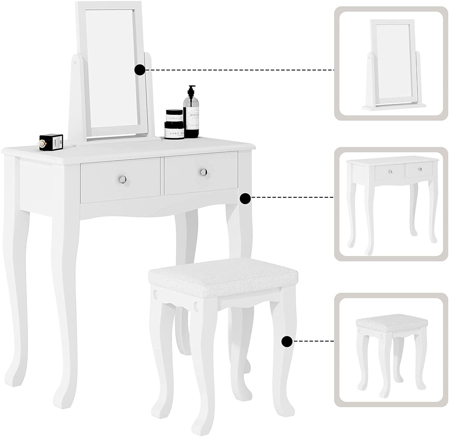 Makeup Vanity Table Set with 360° Rotation Mirror-3