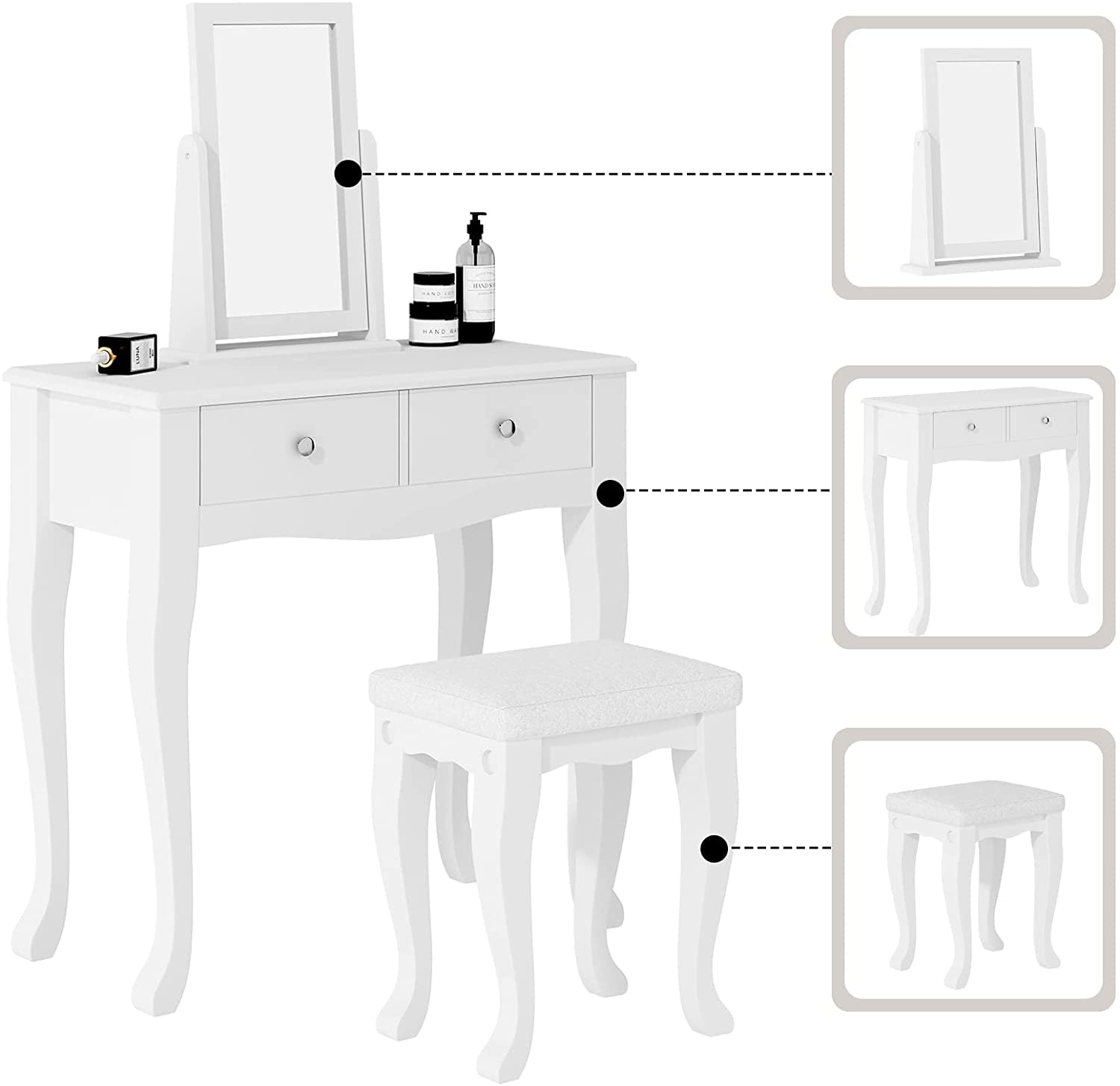 Makeup Vanity Table Set with 360° Rotation Mirror-3