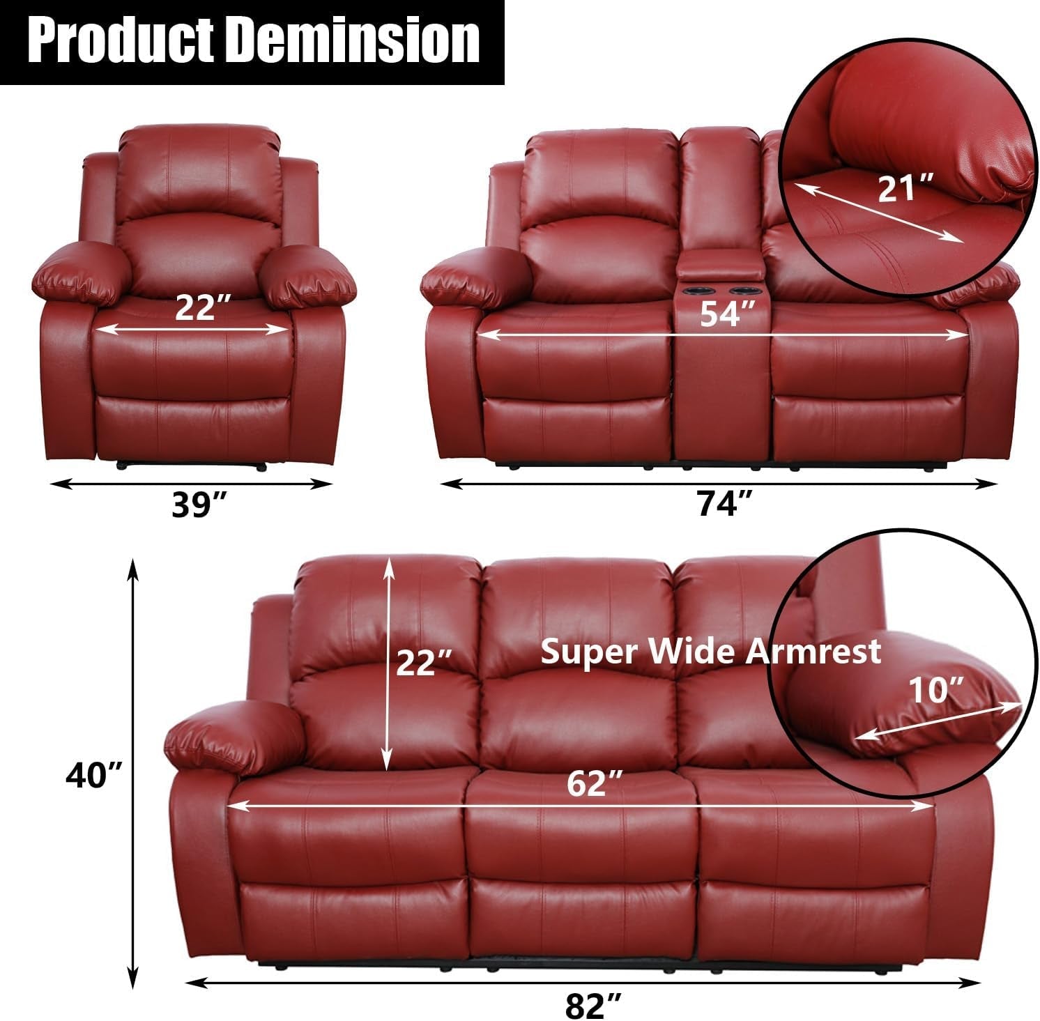 Red Leather Reclining Loveseat for Living Room Furniture, Double Recliner Sofa Couch 2 Seater Sofa with Storage Console/Two Cup Holders/Faux Leather-1