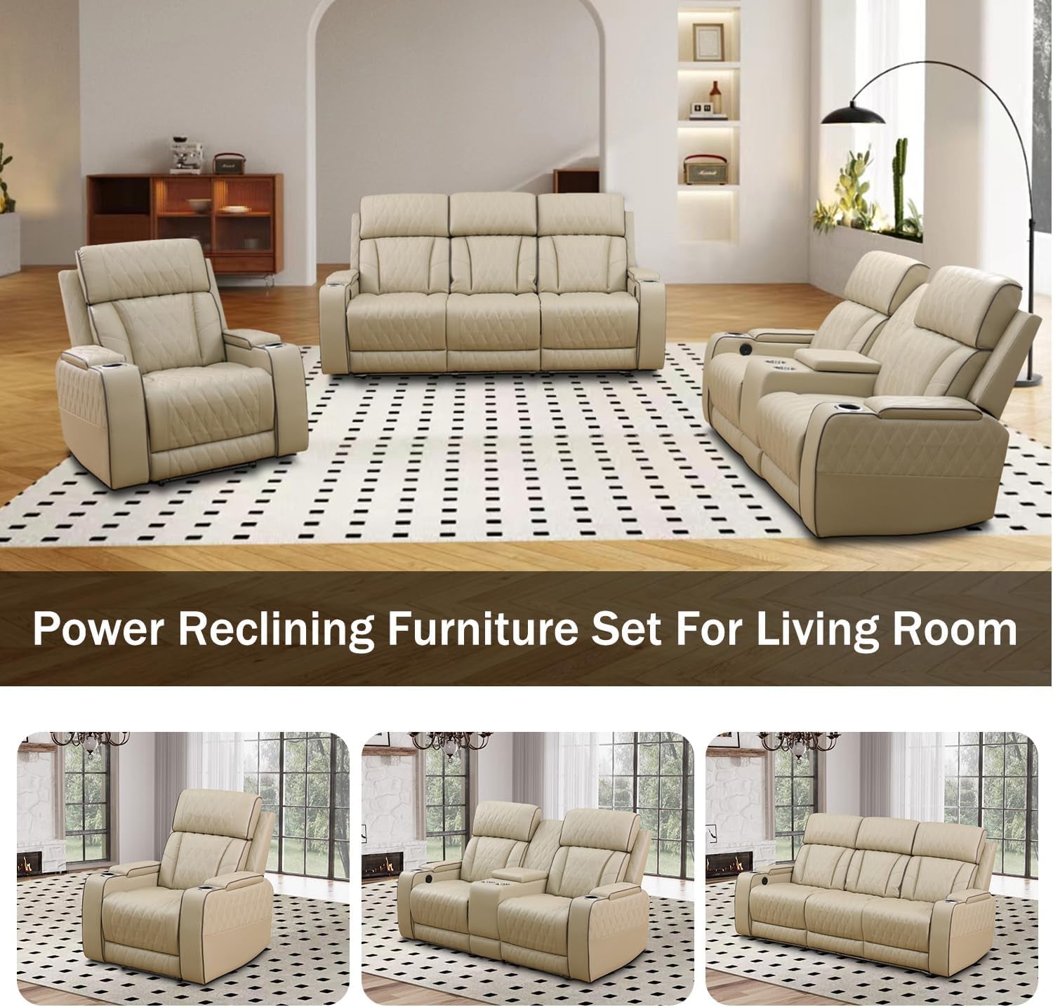 Power Reclining Sofa Set, Living Room Furniture Set with USB Ports, Leather Recliner Couches Set for Living Room/Apartment/Office/Home Theather (Khaki, Sofa+Loveseat+Chair)-2