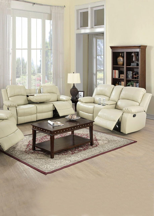 Faux Leather Recliner Sofa Set, Reclining Living Room Set, Manual Reclining Sofa and Loveseat with Recliner Chair (Beige, SOFA+LOVESEAT)-0