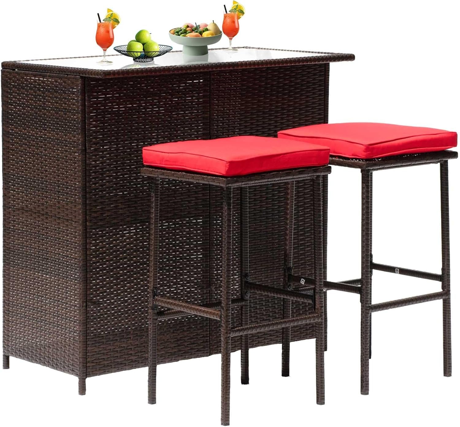 Rattan Bar Set 3Pcs Patio Wicker Bistro Set Sturdy Frame Bar Height Table with Glass Table Top Storage Shelves 2 Bar Stools for Patio Poolside Porch Outdoor Indoor, Khaki (Red)-0