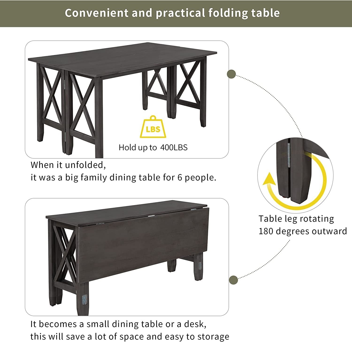 6 Piece Foldable Dining Set for 6 with Bench, Gray-4