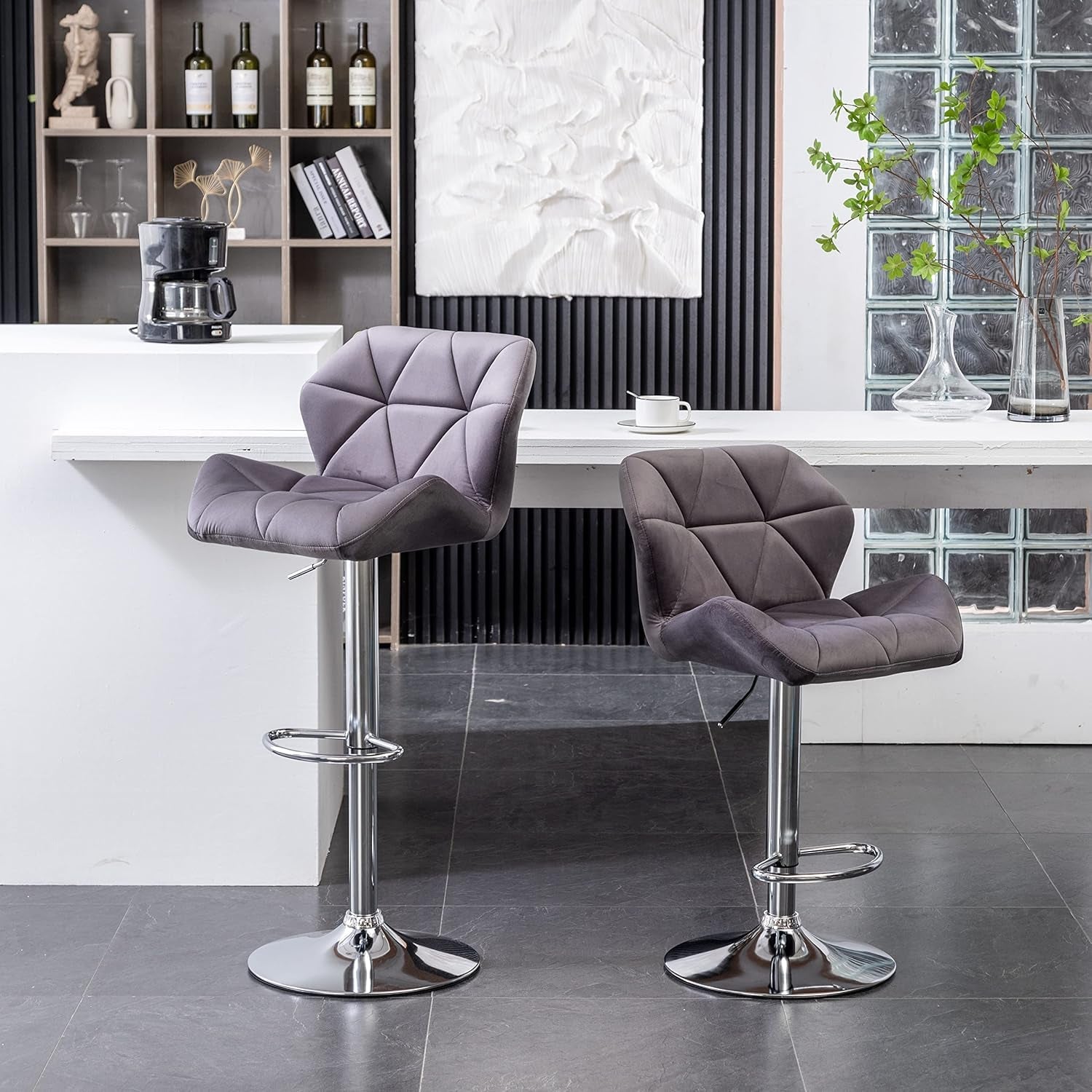 Breni Velvet Diamond Tufted Swivel Adjustable Height Barstools, Set of 2, Gray-1