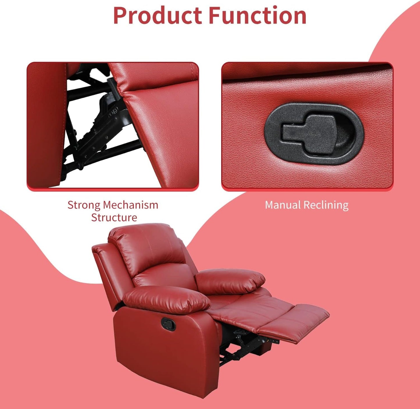 Manual Leather Recliner Sofa Set for Living Room Furniture Set,Leather Recliner Couch Set for Home/Office,Leather Reclining Sofa Set for 3-Pieces(Sofa+Loveseat+Chair) Red-3