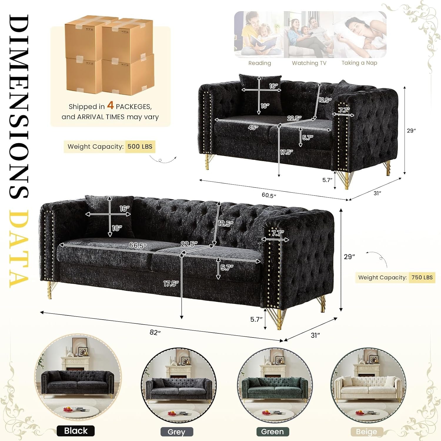 2 Pieces Chenille Living Room Furniture Sofa Couch Set,Button Tufted Comfy Couch with Nailhead Trim&Metal Legs,Mid Century Modern Couch and Loveseat Sets for Living Room(Loveseat+3 Seater Sofa,Black)-1