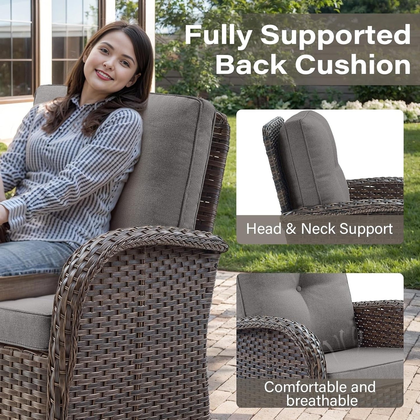6 Piece Patio Conversation Sets - Wicker Patio Furniture Sets with Outdoor Swivel Rocker Chairs Outdoor Couch Perfect for Deck Patio Backyard, Brown Wicker Grey Cushion-3