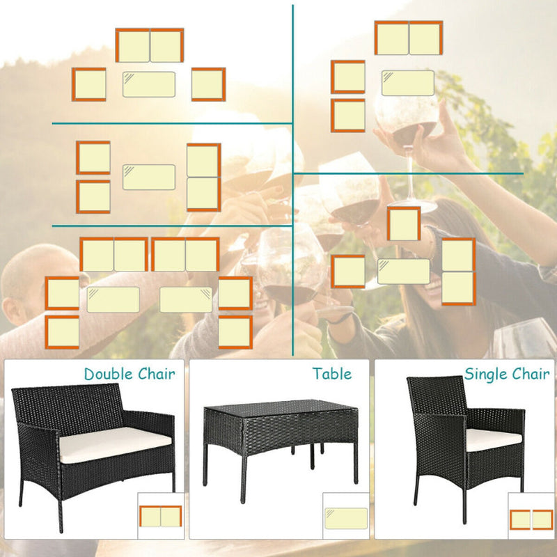 4 Pieces Patio Rattan Cushioned Sofa Set with Tempered Glass Coffee Table-3