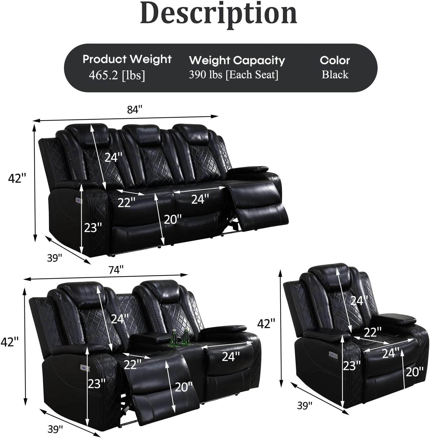 Power Recliner Sofa Set with LED Lights,Leather Reclining Sofa with USB Port/Wireless Charger/Storage Console/Cup Holder,3 Piece Reclining Living Room Set for House/Home Theater(3 Piece Set,Black)-1