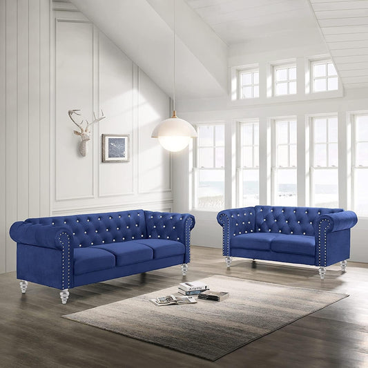 Emma Crystal Sofa and Loveseat Living Room Set, Royal Blue-0