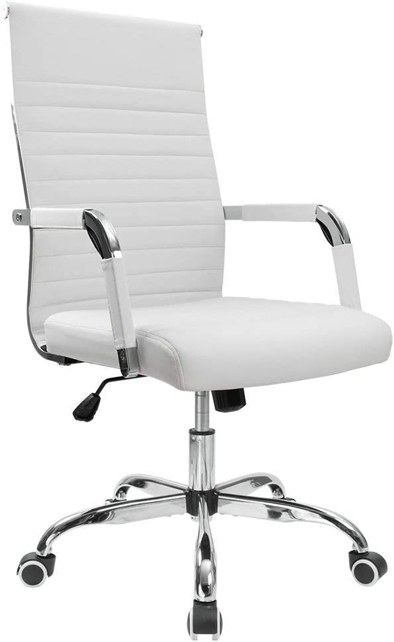 Ribbed Office Desk Chair Mid-Back PU Leather Executive Conference Task Chair Adjustable Swivel Chair with Arms (White)-0
