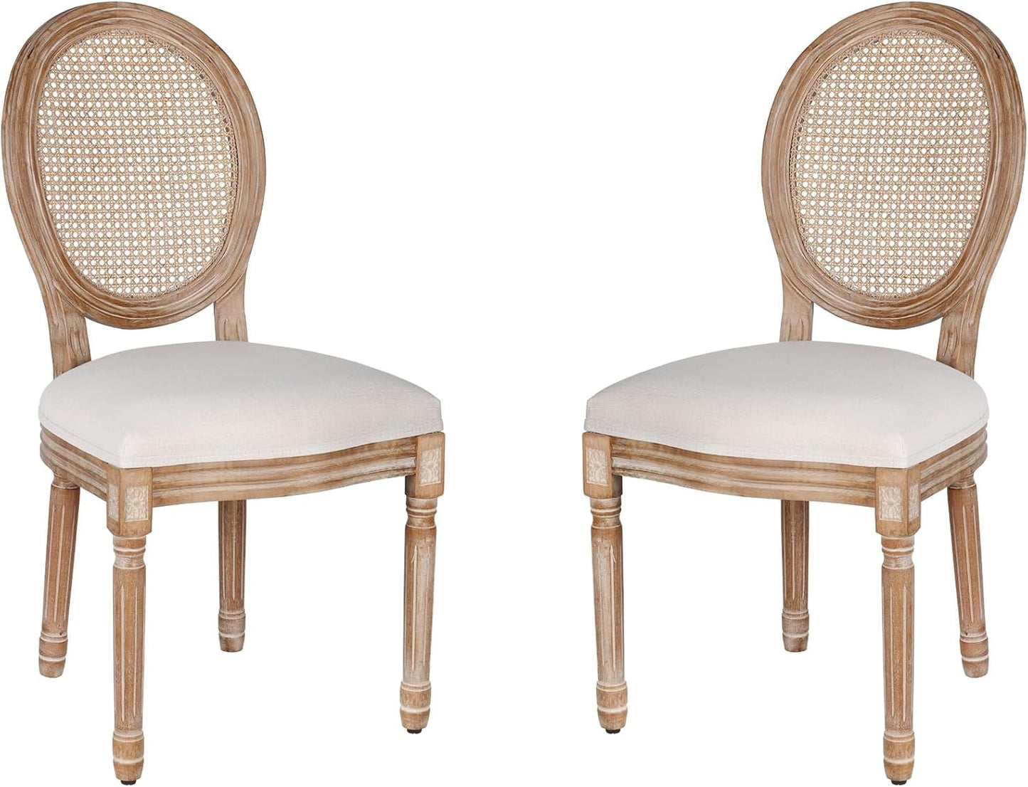 Dining Chairs Set of 2 Beige Rattan round Back with Solid Wood Legs and Frame for French Country Kitchen Dining Room-0