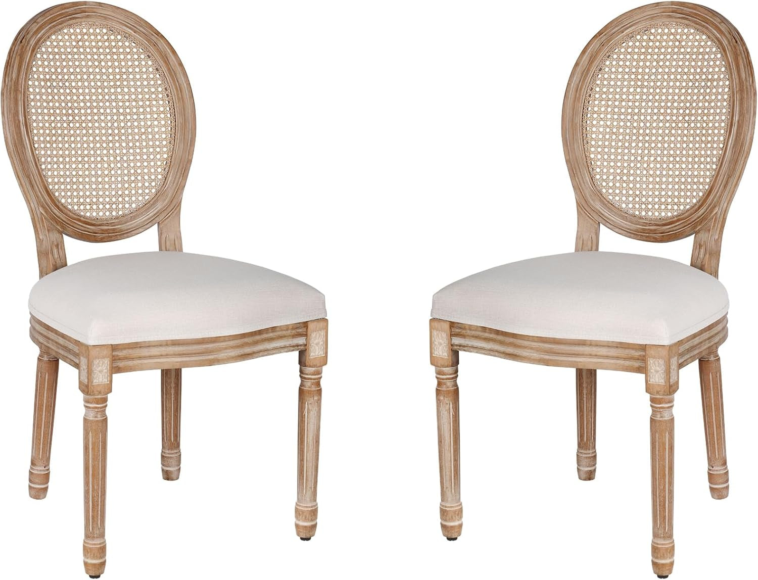 Dining Chairs Set of 2 Beige Rattan round Back with Solid Wood Legs and Frame for French Country Kitchen Dining Room-0