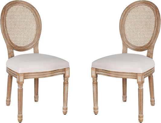 Dining Chairs Set of 2 Beige Rattan round Back with Solid Wood Legs and Frame for French Country Kitchen Dining Room-0