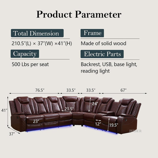 Power Recliner Sectional Sofa Set, Leather Sectional Sofa Sets for Living Room, Power Reclining Sectional Couch with Led Lights, Cup Holder, Wireless Charging, Hidden Storage, Red-1