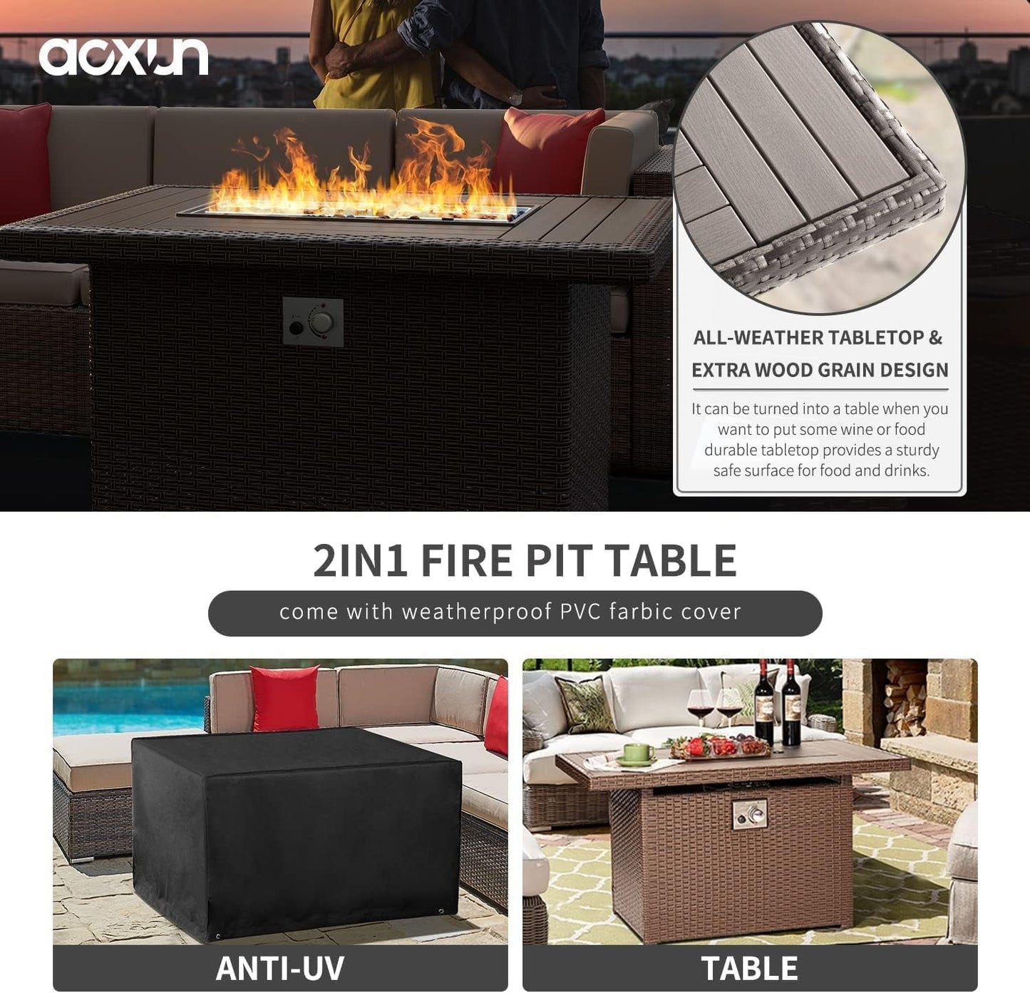 8PCS Patio Furniture Set with 40" Fire Pit Table Outdoor Sectional Sofa Sectional Wicker Furniture Set with Coffee Table for Patio Garden(8 PCS Brown)-4