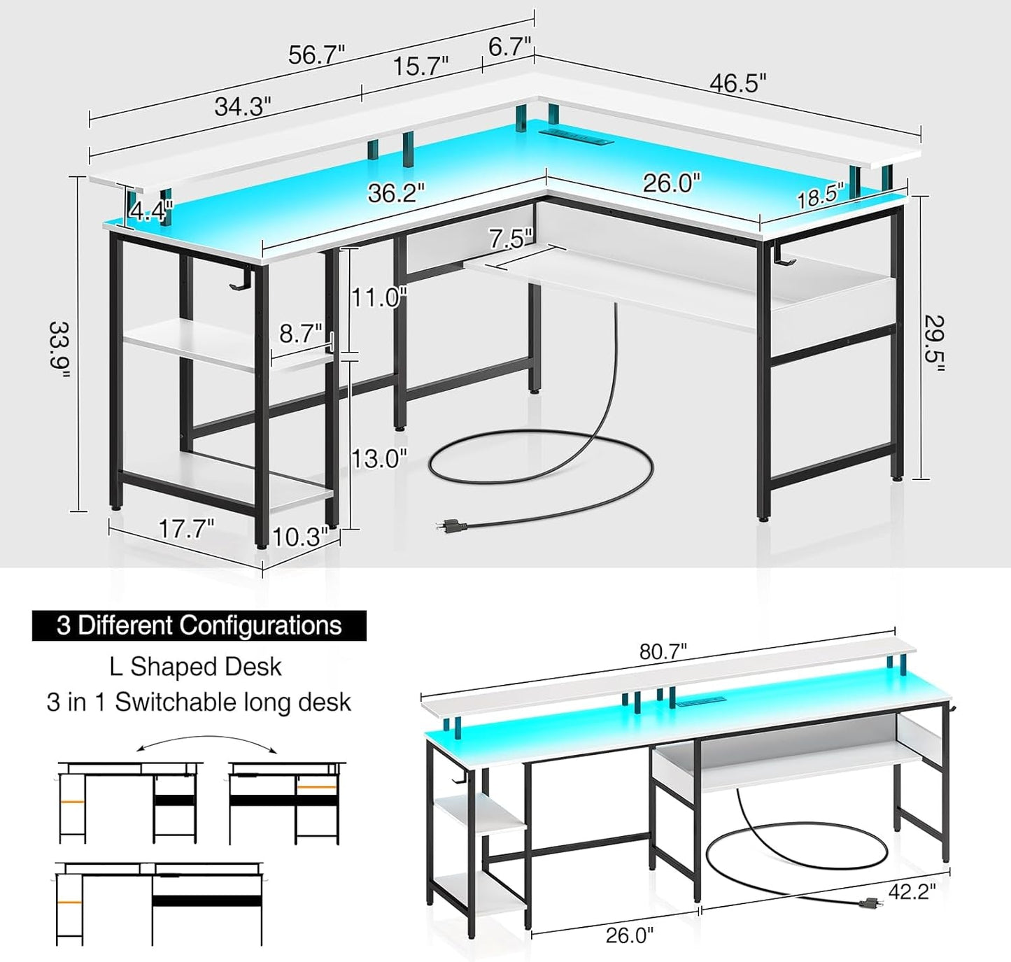 Computer Desk L Shaped 56.7" with LED Lights and Power Outlets, Reversible L Shaped Gaming Desk with Monitor Stand, Home Office Desk with Storage, Desk with USB Port and Hook, White-2