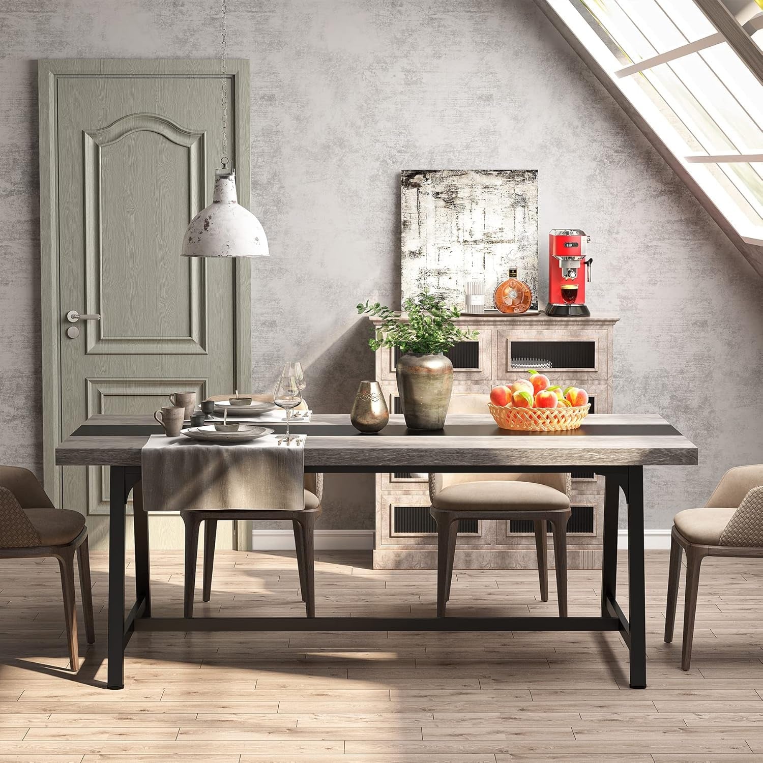 Dining Table for 8 People, 70.87-Inch Rectangular Wood Kitchen Table with Strong Metal Frame, Industrial Large Long Dining Room Table for Big Family (Gray, No Chair)-3