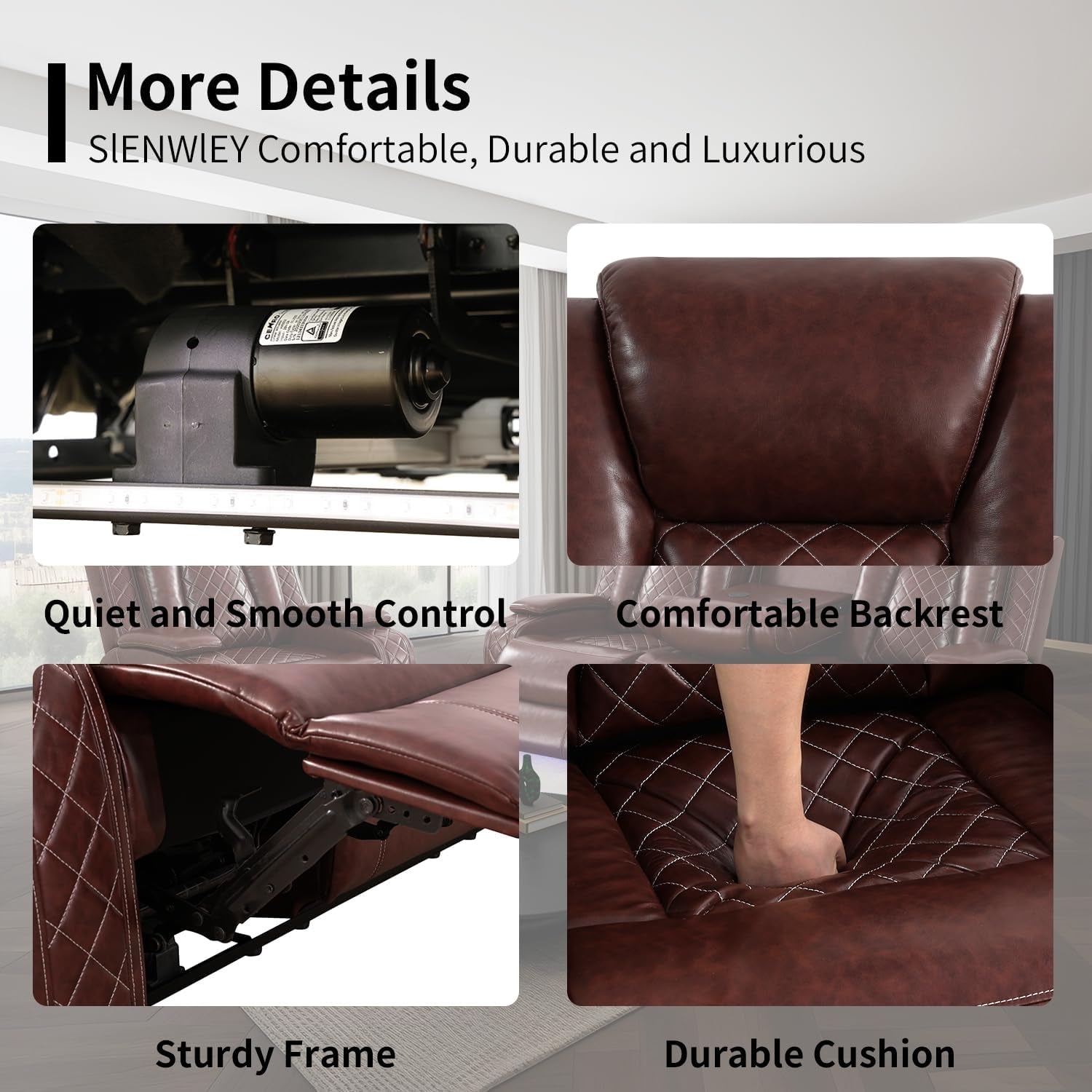 Power Brown Leather Reclining Sofa Set with LED Light for Living Room Set，Theater Seat Recliner Chair and 3 Seats Double Recliner Sofa with Drop-Down Table/Read Light/Wireless Charge/Usb Port-4