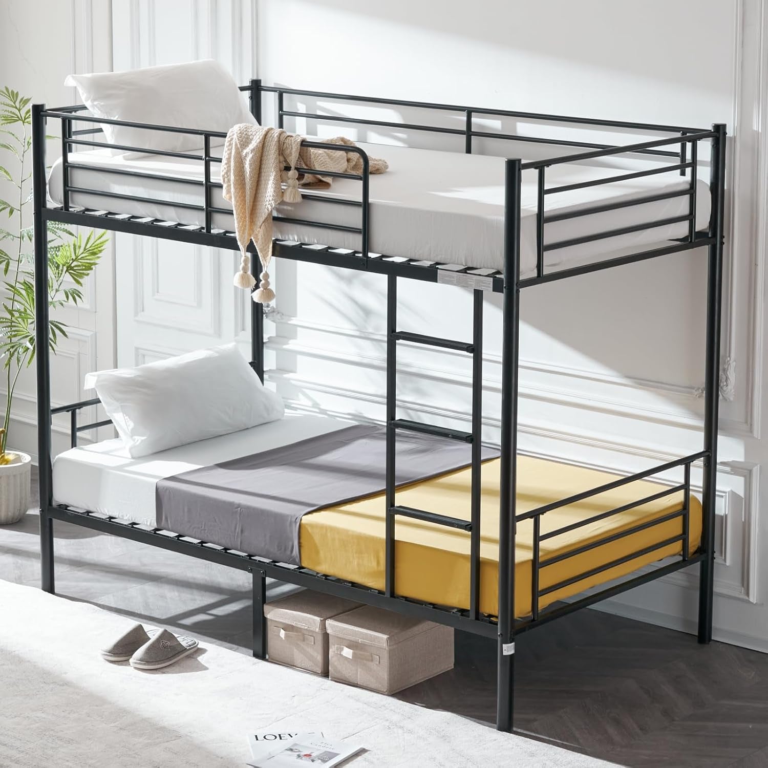 Bunk Bed Twin over Twin for Kids, Teens & Adults Bunk Bed with Stairs & Flat Rungs, Heavy Duty Metal Slats, No Box Spring Needed, Black-0