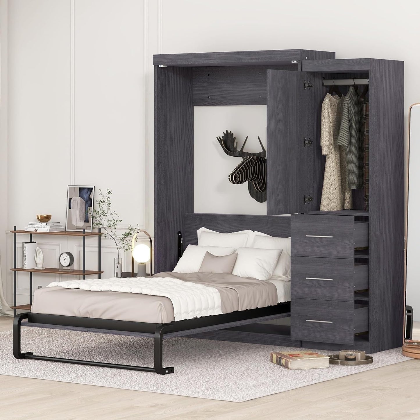 Twin Size Wood Murphy Bed with Storage for Small Spaces-3