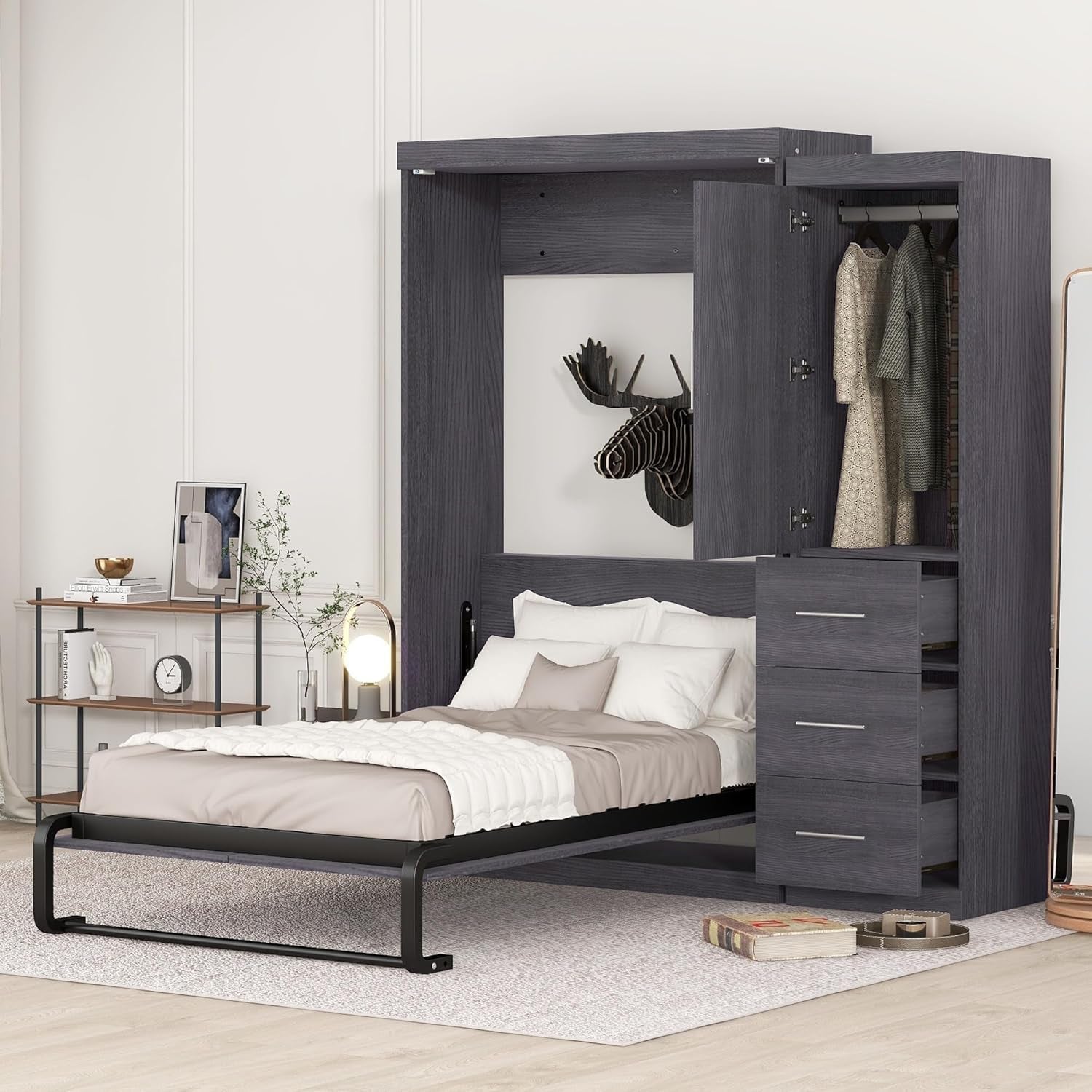 Twin Size Wood Murphy Bed with Storage for Small Spaces-3