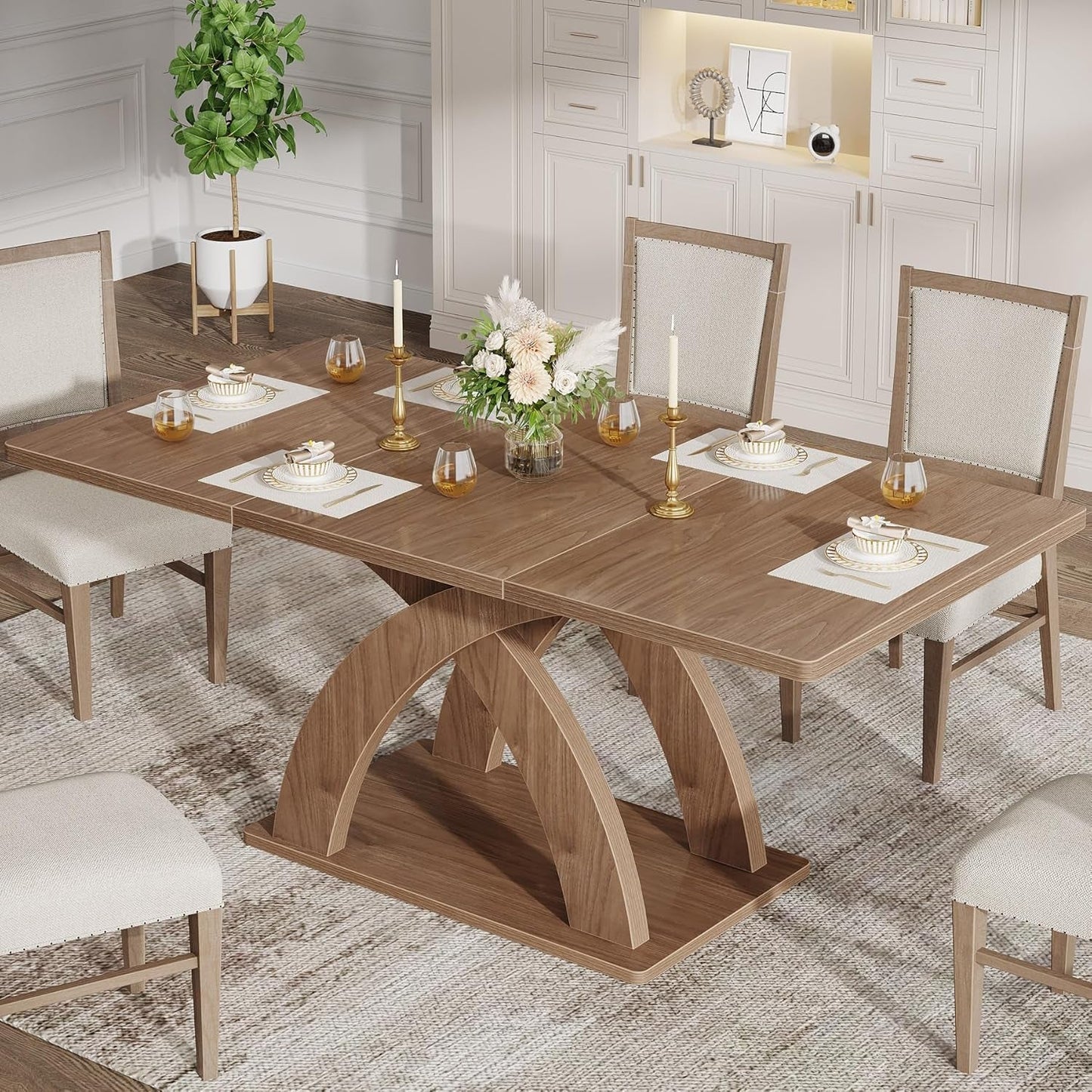 Dining Table for 4-6 People, 63" L X 31.5" W Modern Rectangular Kitchen Table with Thick Wooden Pedestal Base, Wood Dinner Table Dining Room Table-3