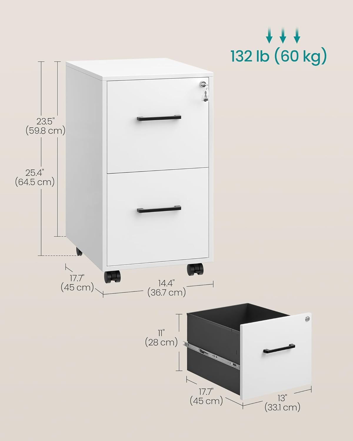File Cabinet, Pre-Assembled except Wheels and Handles, Office Filing Cabinet with Lock, for A4, Legal, Letter Sized Documents, 17.7 X 14.4 X 25.4 Inches, Matte White UOFC112W01-2