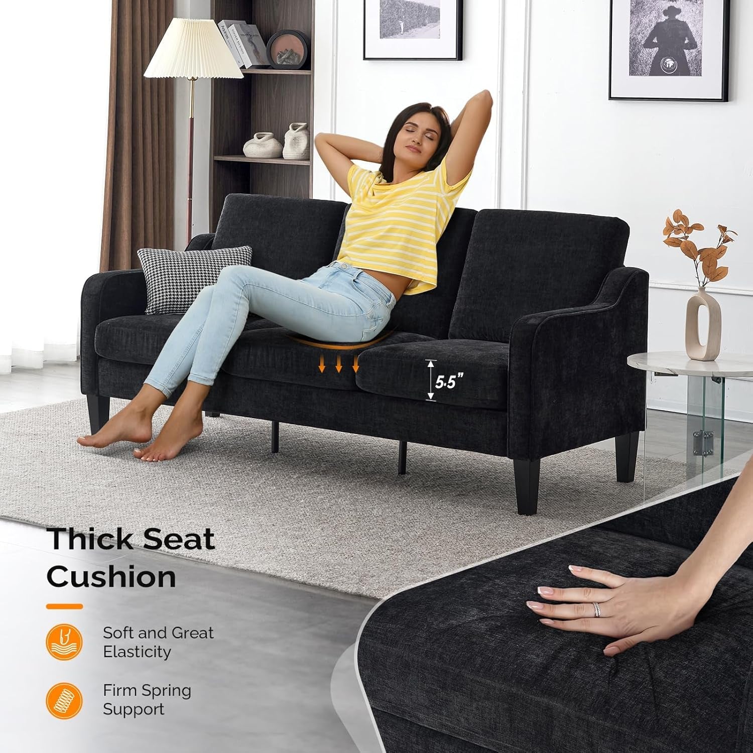 Loveseat Sofa Set for Living Room, Mid-Century Modern Couch and Love Seat Set,53" Loveseat+71" Small Couch for Bedroom Sofa Furniture for Small Spaces Apartment (Black)-4