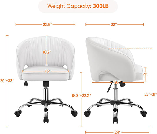 Home Office Chair, Faux Leather Desk Chair, Modern Swivel Chair with Tufted Barrel Back, Rolling Wheels for Office,Study, Vanity, Bedroom White-1